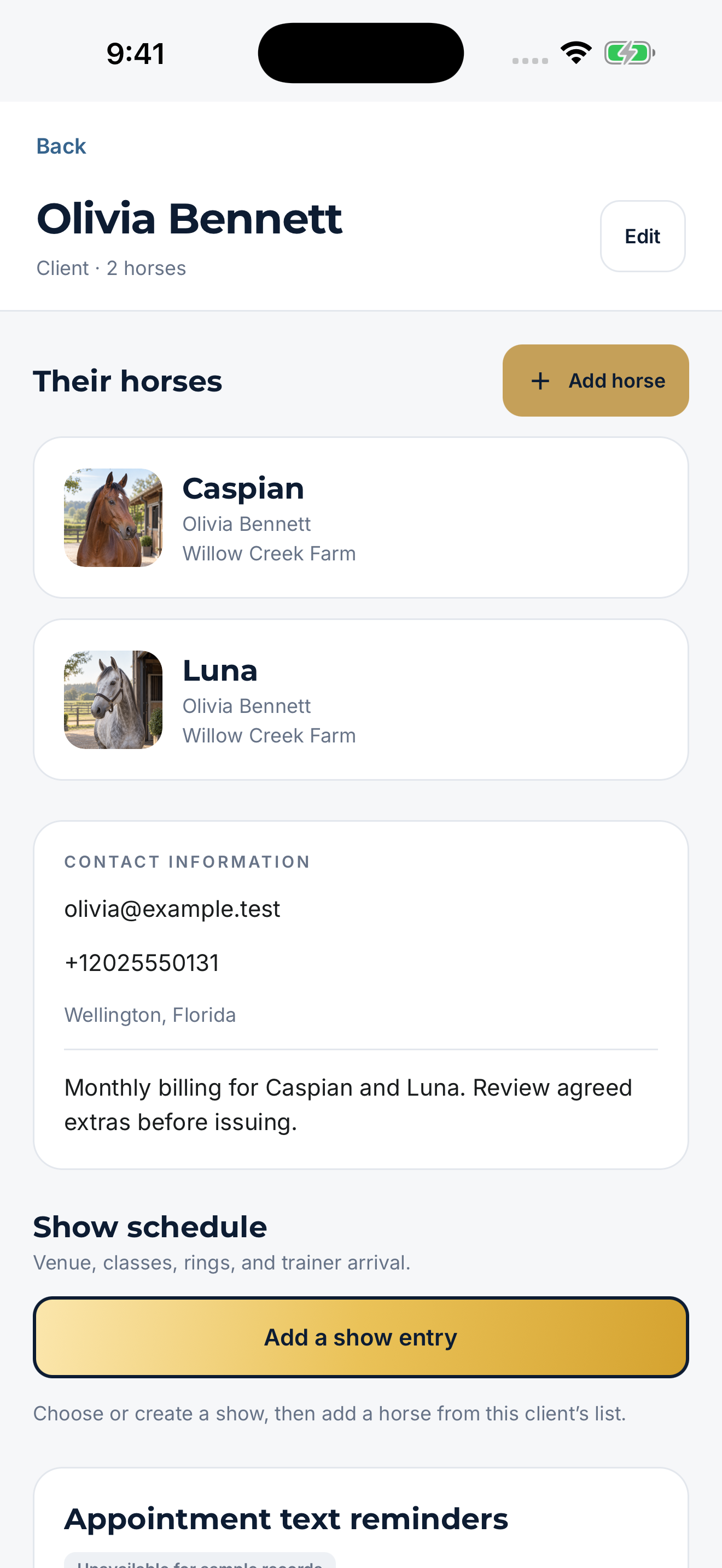 Native app preview of a fictional client and their horses