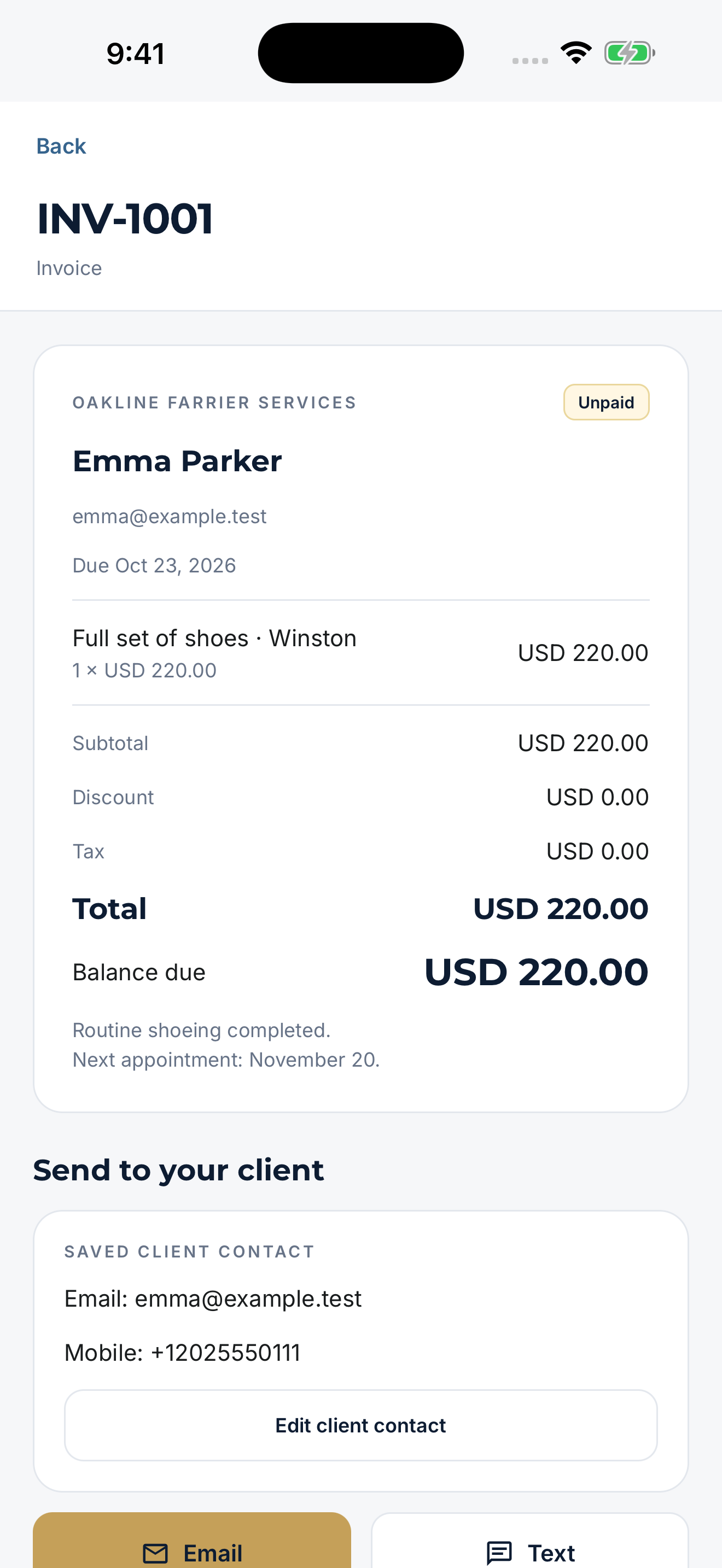 Native app preview of a fictional farrier invoice